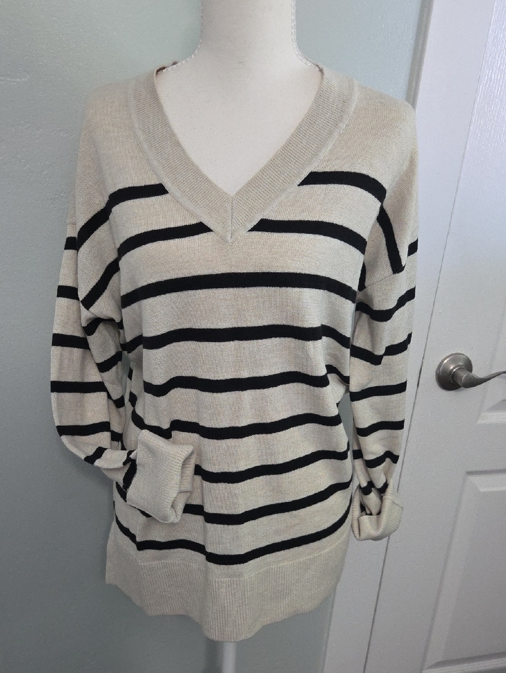 Loft Striped V-Neck Oversized Sweater - Cream & Black